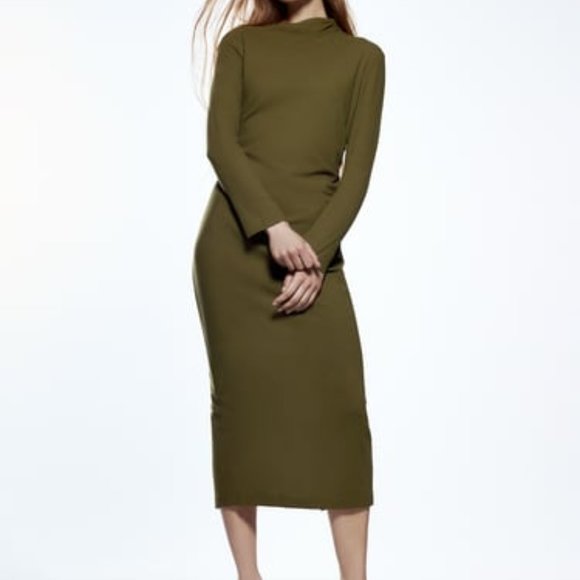 NWT Long sleeve Midi 87% Wool Khaki Green Moss Dress. - Picture 1 of 10